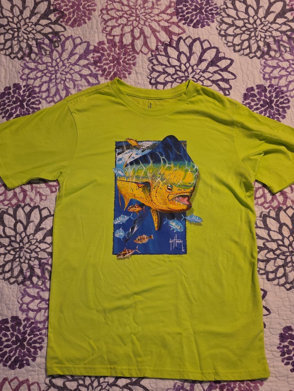 Guy Harvey Neon Lime Fishing Tee with Multi-Color Mahi Graphic